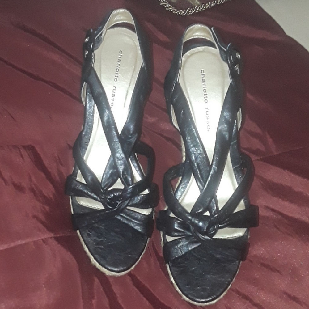 Black Crinkle Wedge Sandals